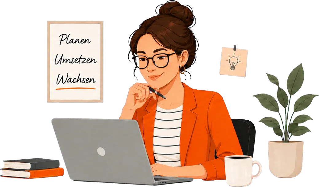 Illustration: Frau plant am Laptop ihr Marketing – Planen, Umsetzen, Wachsen