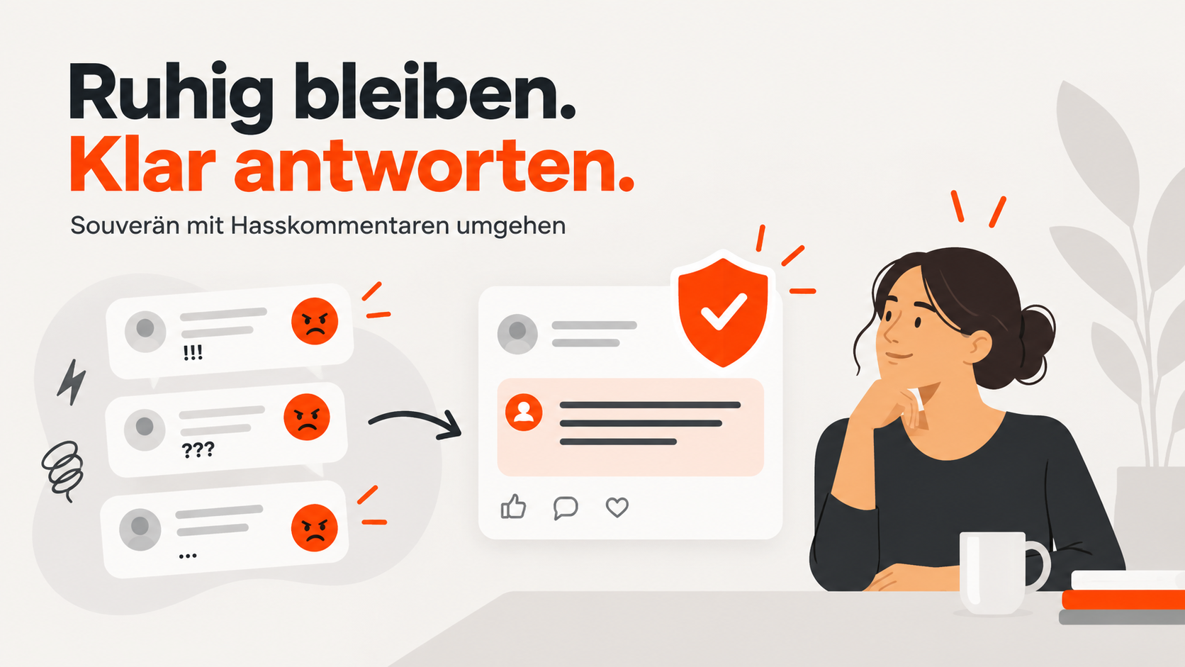 Illustration einer Unternehmensseite mit Kommentaren und den Moderationsoptionen Antworten, Melden und Löschen.