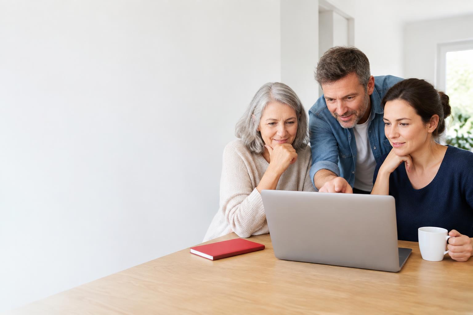 Drei Erwachsene verschiedener Altersgruppen probieren gemeinsam einen Laptop aus – KI-generiertes Symbolbild