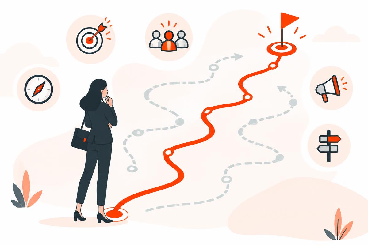 Illustration: Unternehmerin wählt bewusst eine klare Route von der Ausgangslage zum Ziel, umgeben von Symbolen für Ziel, Zielgruppe, Richtung und Kanäle